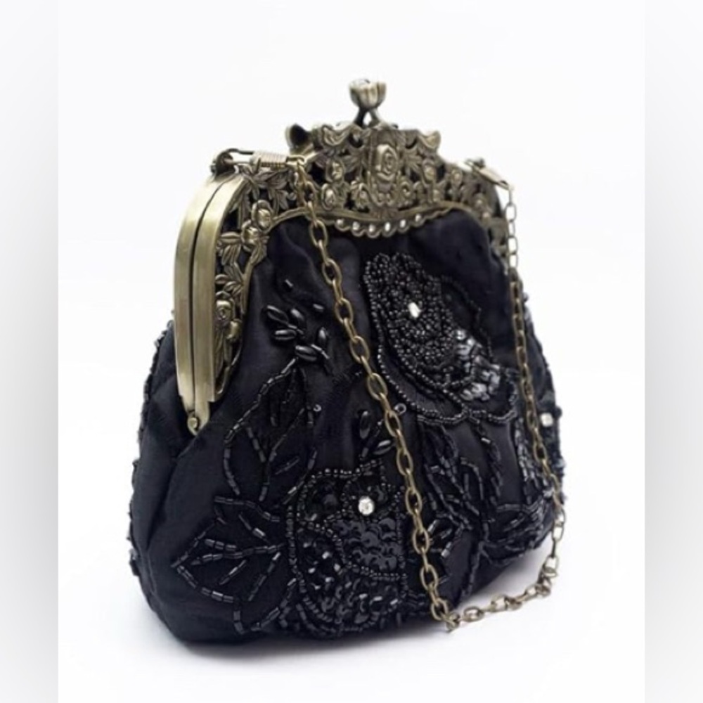 NWOT Vintage 1920s Beaded Sequin Rhinestone Handbag/Clutch in Black